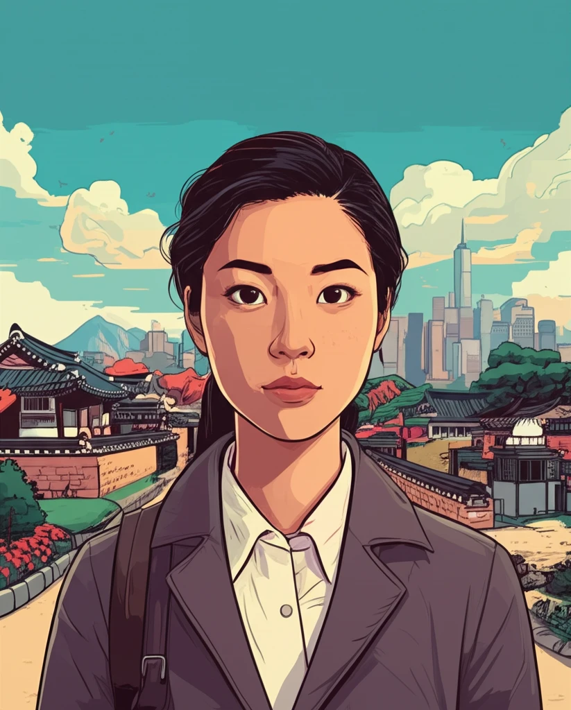 A Korean-American immigrant standing between two landscapes, symbolizing cultural transition and balance.