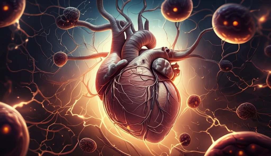 Glowing heart surrounded by stem cells.