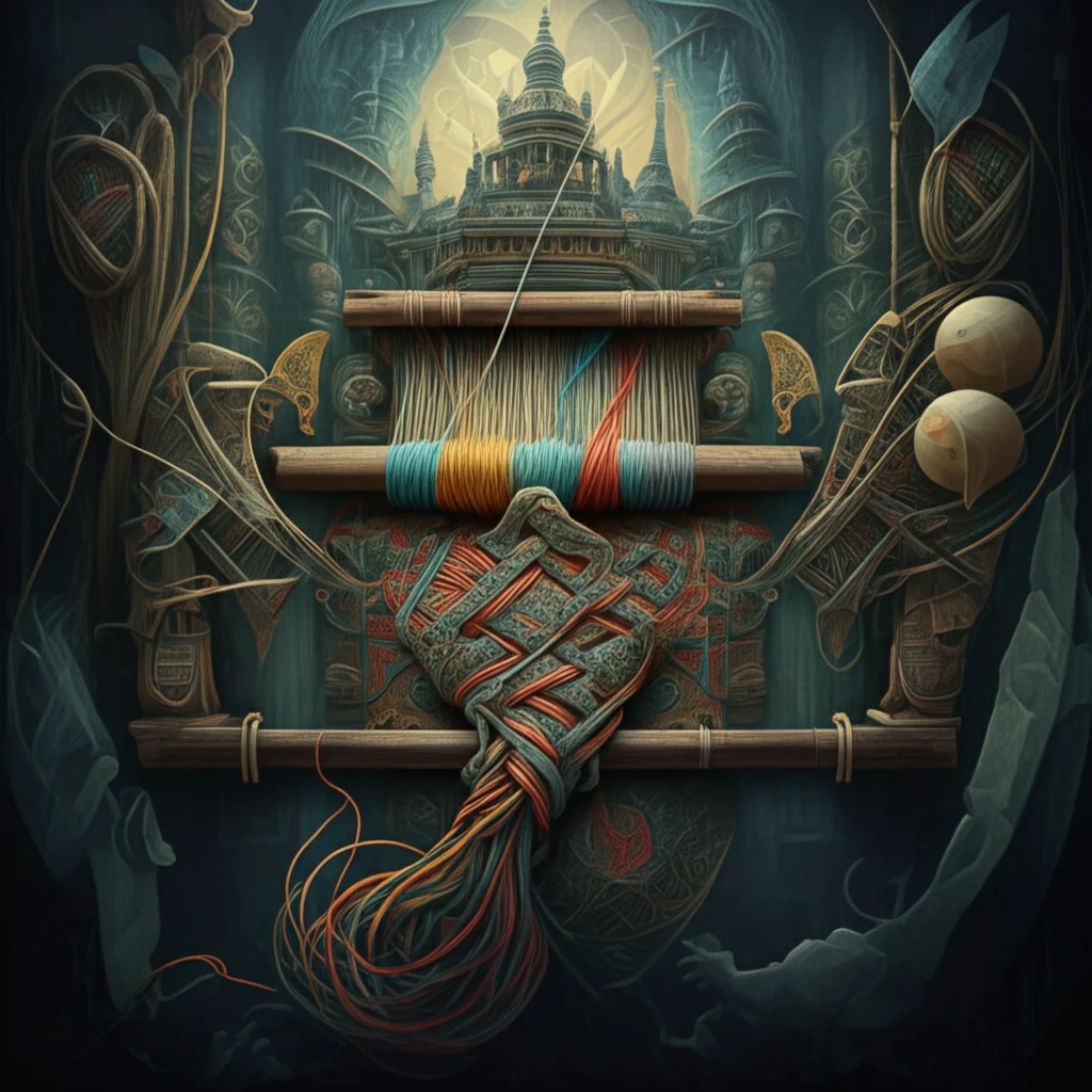 Surreal tapestry weaving into architectural marvels, showcasing global cultural motifs.