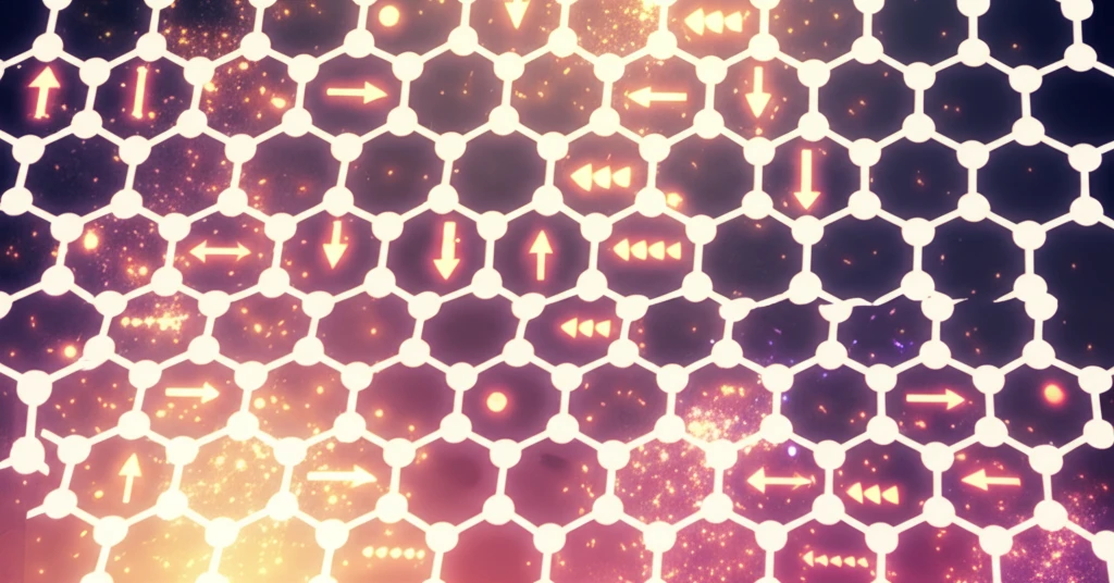 Graphene sheet with glowing electron spins for quantum computing illustration.
