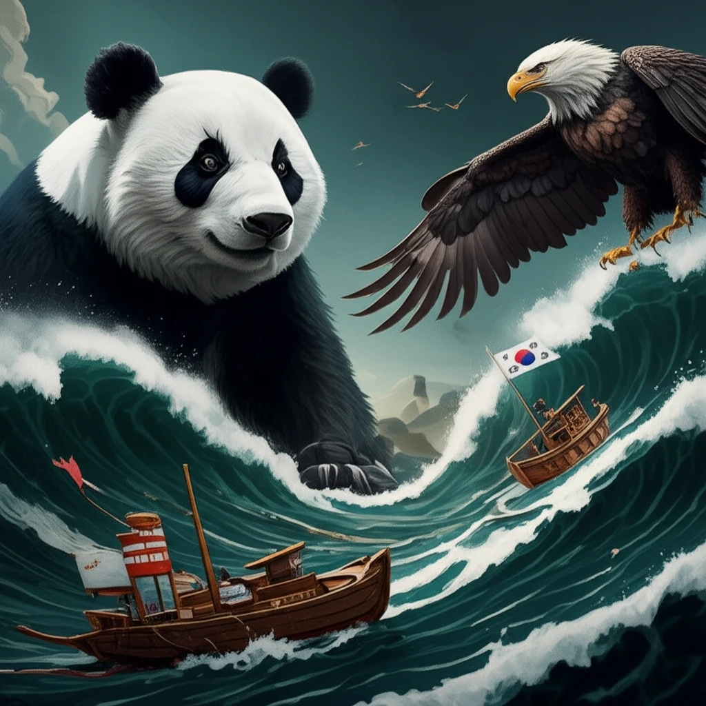 Two small boats navigate a stormy sea with a panda and eagle in the distance.