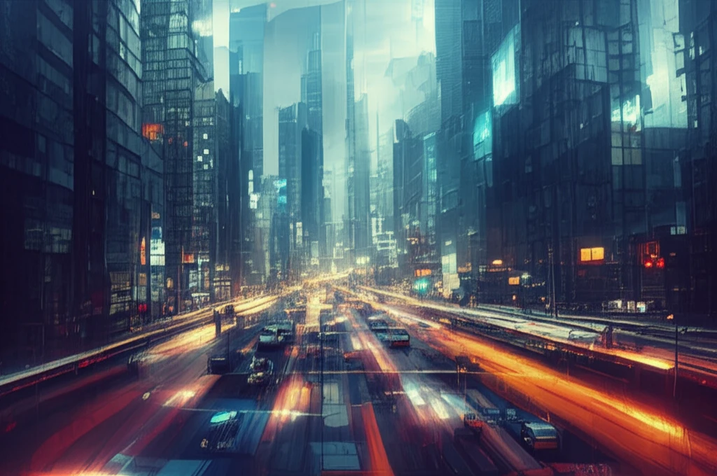 Futuristic cityscape with glowing traffic managed by AI.