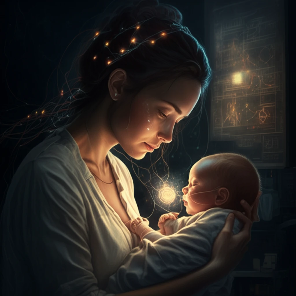 Illustration of mother and baby bonding in NICU, Cartesian dualism fading.
