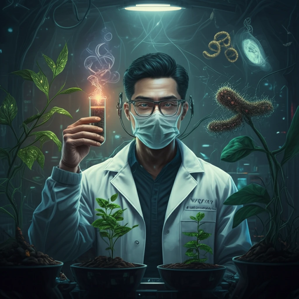 Futuristic lab scene with scientist detecting fungicide resistance in plants.