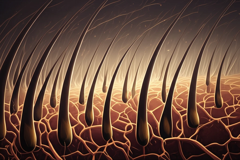 Illustration showing the link between healthy hair follicles and CRBP-1 protein, with a transition to hair loss.