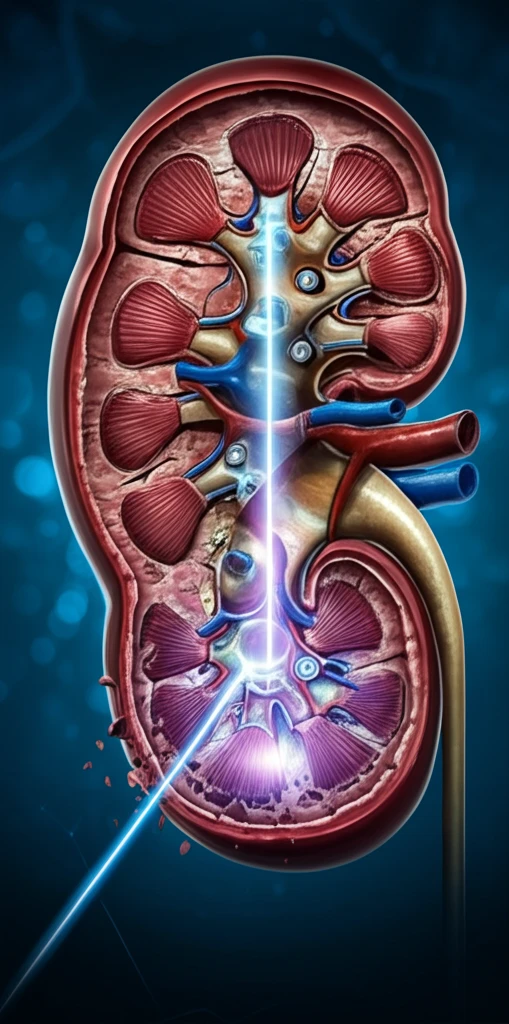 Laser beam shattering a kidney stone