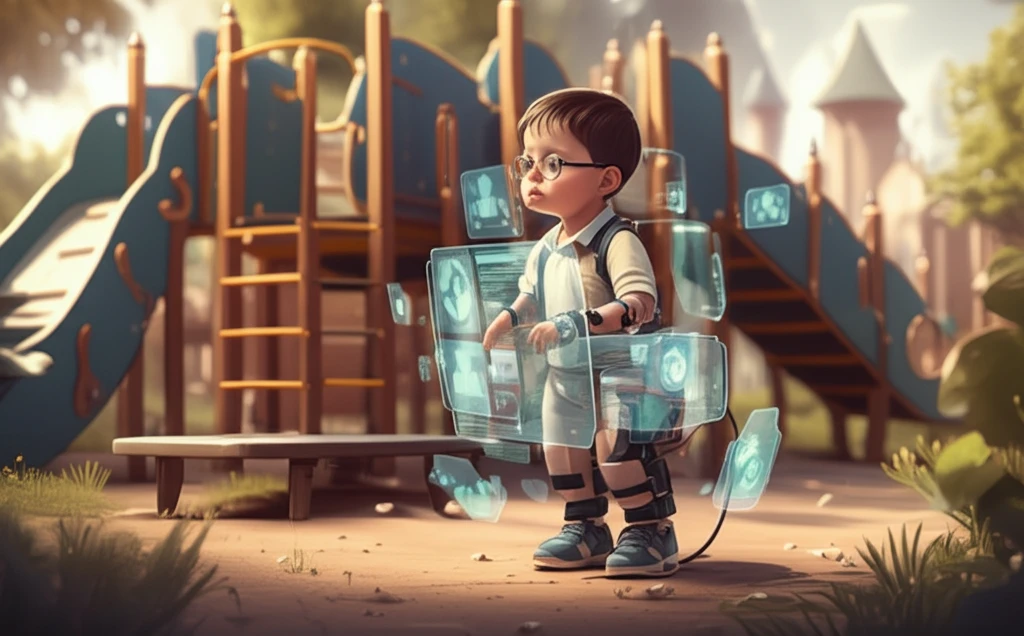 Child with cerebral palsy using wearable tech connected to an AI interface showing activity progress.