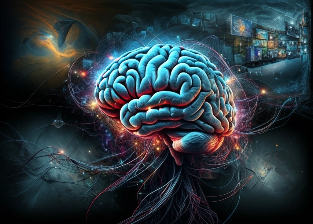 Surreal brain made of fiber optics emitting light, surrounded by digital cityscape.