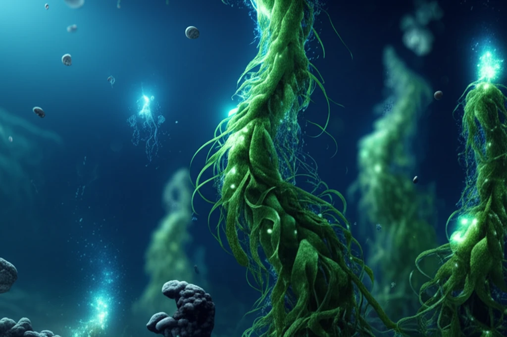 Glowing green algae in cobalt blue liquid