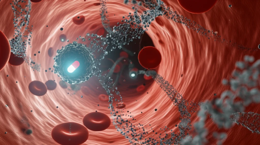 Carbon dots delivering medicine to cancer cells inside a blood vessel.