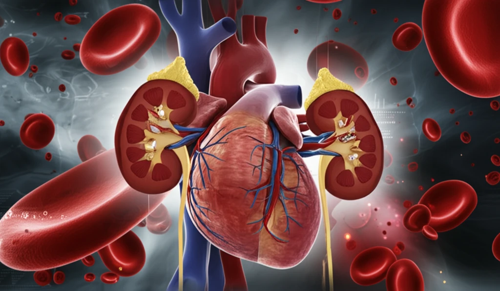Heart and kidney intertwined, representing the connection between cardiac surgery and kidney health.