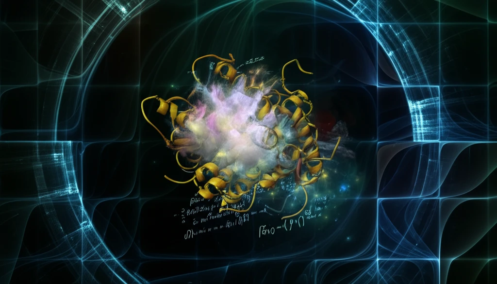 Surreal illustration of mathematical equations intertwined with a protein structure, symbolizing Alzheimer's research.