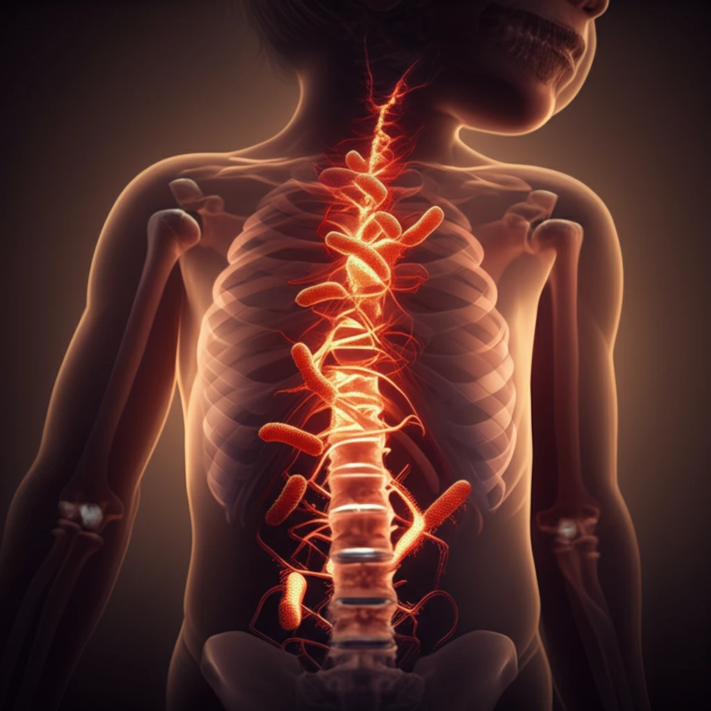 Illustration of Kingella kingae bacteria affecting a child's spine.