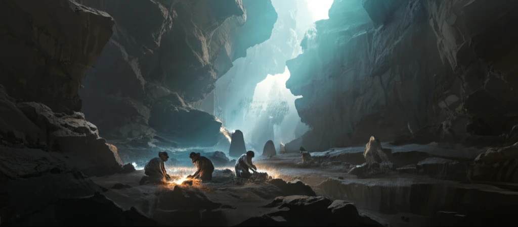 Archaeologists excavating a cave, revealing layers of sediment with ancient stone tools.
