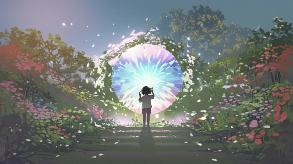 A child in a vibrant garden of languages, holding a kaleidoscope of diverse perspectives.