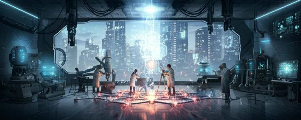 Surreal illustration of scientists arranging atoms on a catalyst surface.