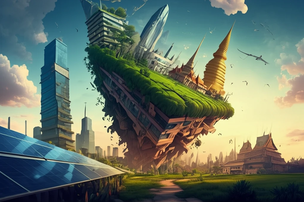 Corporate buildings transforming into green landscapes symbolizing environmental sustainability in Thailand.