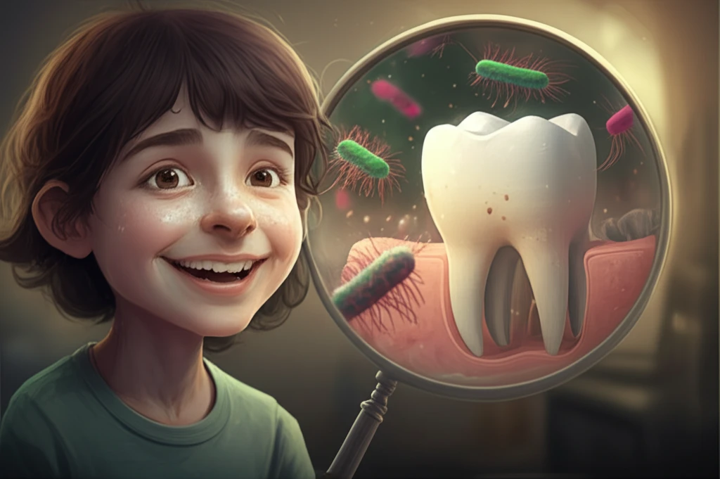Child's smile with dental fluorosis and bacteria attacking enamel.