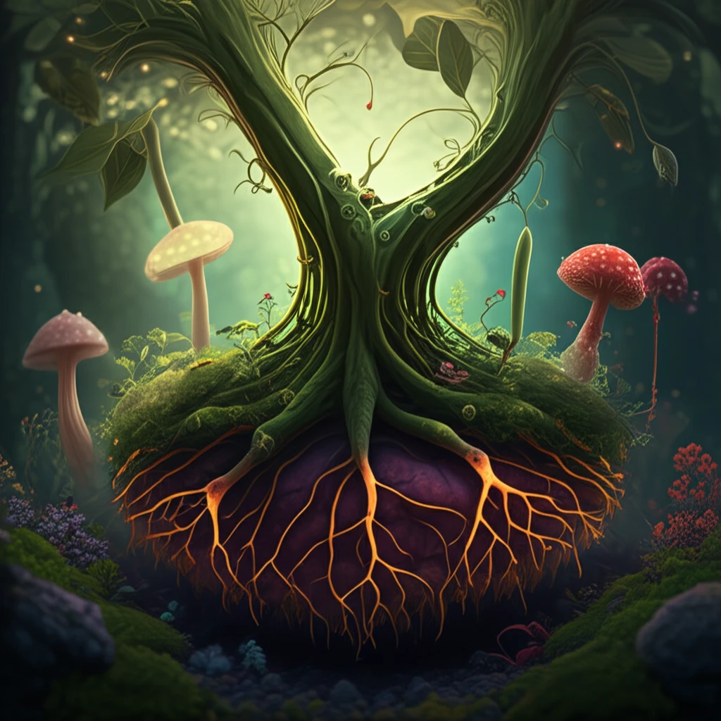 Interconnected plant roots and mycorrhizal fungi