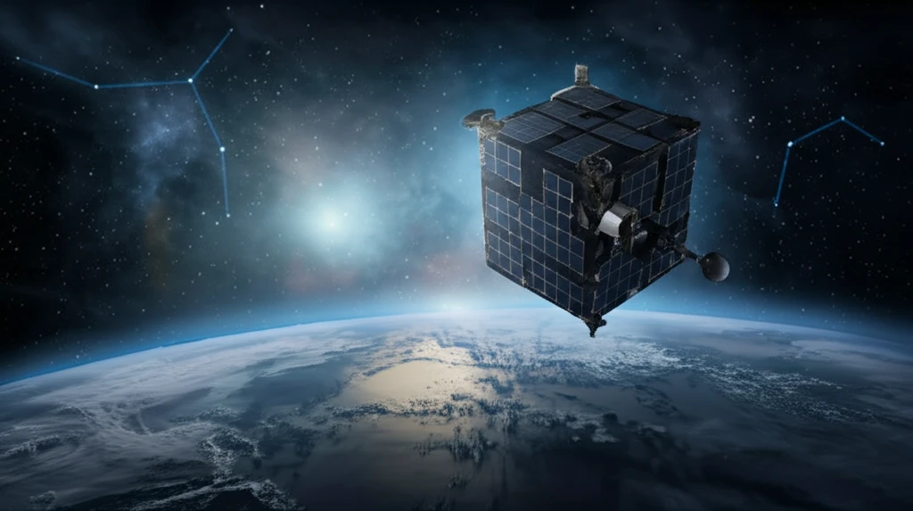 Futuristic CubeSat orbiting Earth, transmitting beams of quantum communication.