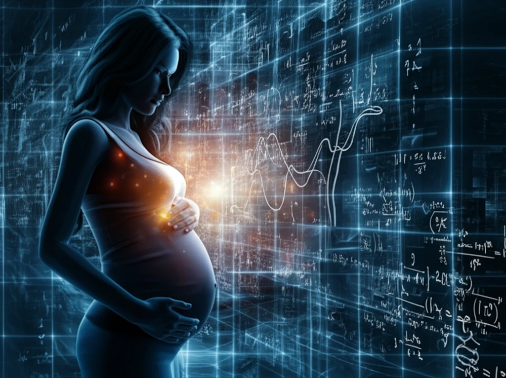 Illustration of a pregnant woman with mathematical and biological symbols, representing 1,5-AG dynamics and gestational health.