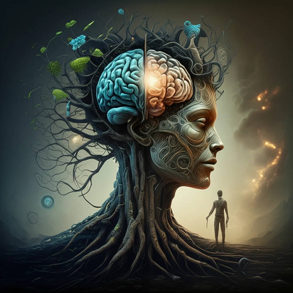 Surreal illustration representing the debate between natural selection and intelligent design in human evolution.
