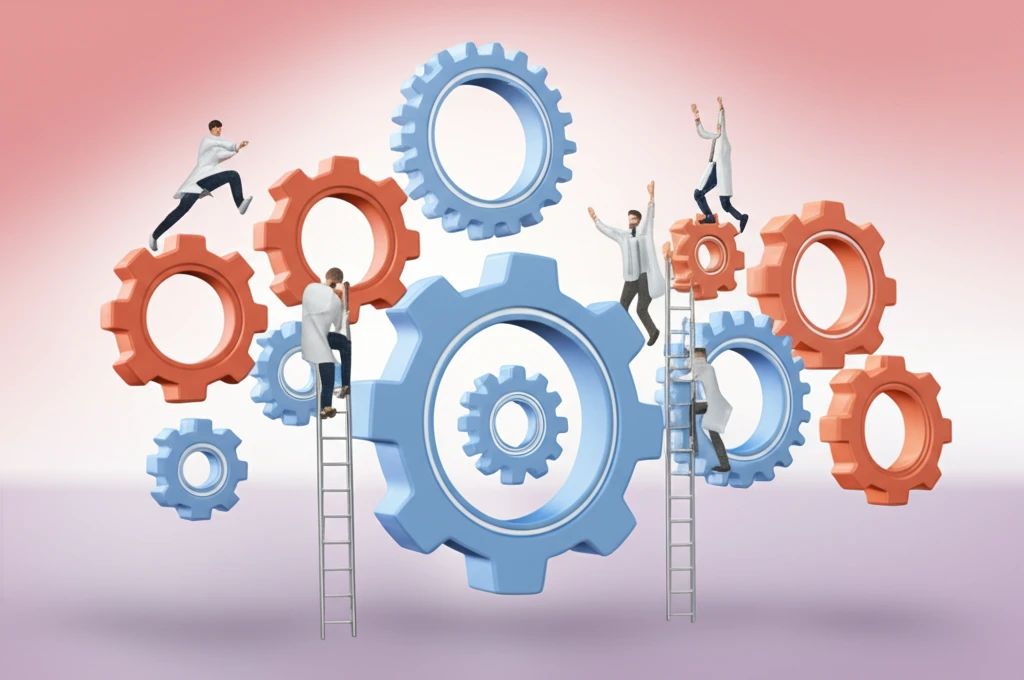 Surreal illustration of interconnected gears and diverse individuals leading to excellence in physical therapy education.