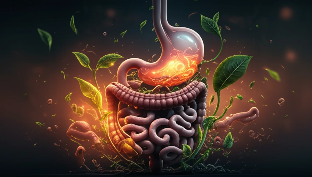 Tea leaves and whey protein strands intertwining in a digestive system, symbolizing antioxidant synergy.