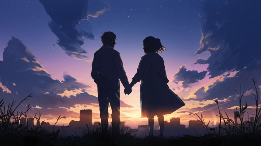 Elderly couple holding hands at sunset, symbolizing happiness and companionship.