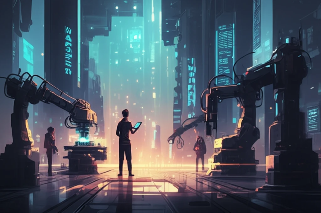Futuristic factory floor with humans and robots collaborating seamlessly.