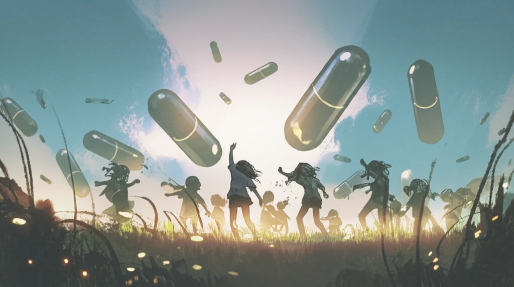 Children playing in a surreal landscape of medicine, representing pediatric clinical research and healthcare.