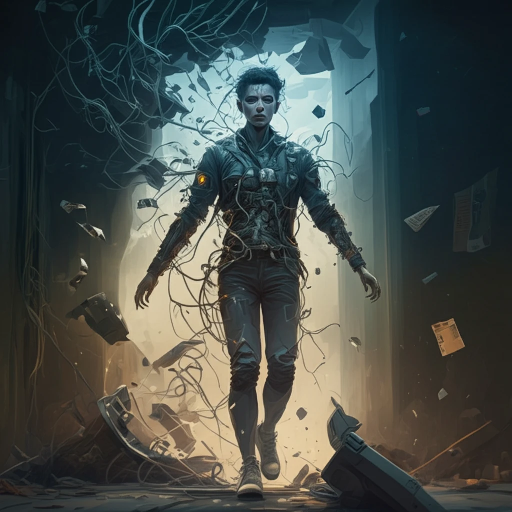 Surreal illustration of a person frozen in stress with fragmented neural pathways.