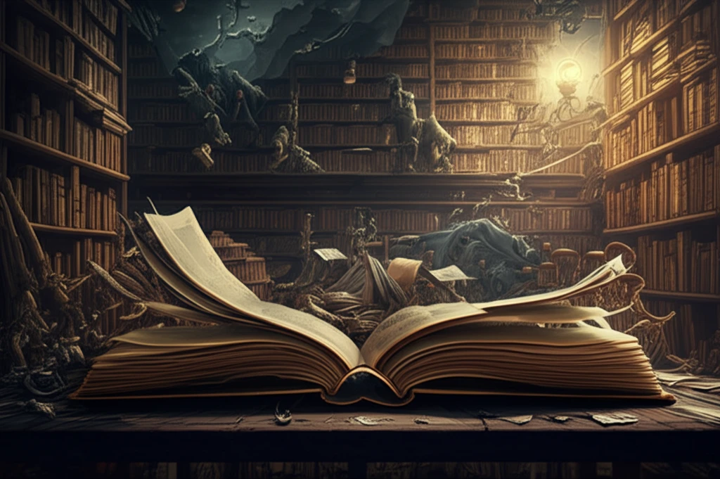 A surreal library with books transforming into landscapes, representing Dilthey's hermeneutics.