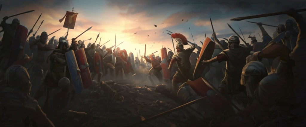 A chaotic medieval battle scene at sunset, depicting Roman and barbarian forces in combat.