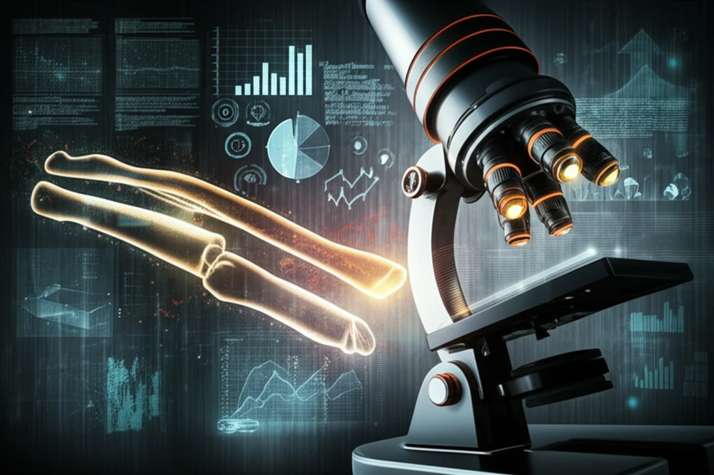 Surreal digital illustration of ancient bone fragments under a microscope.