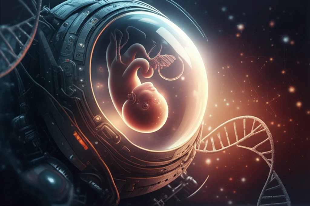 A healthy embryo surrounded by DNA strands, symbolizing hope in fertility treatment.