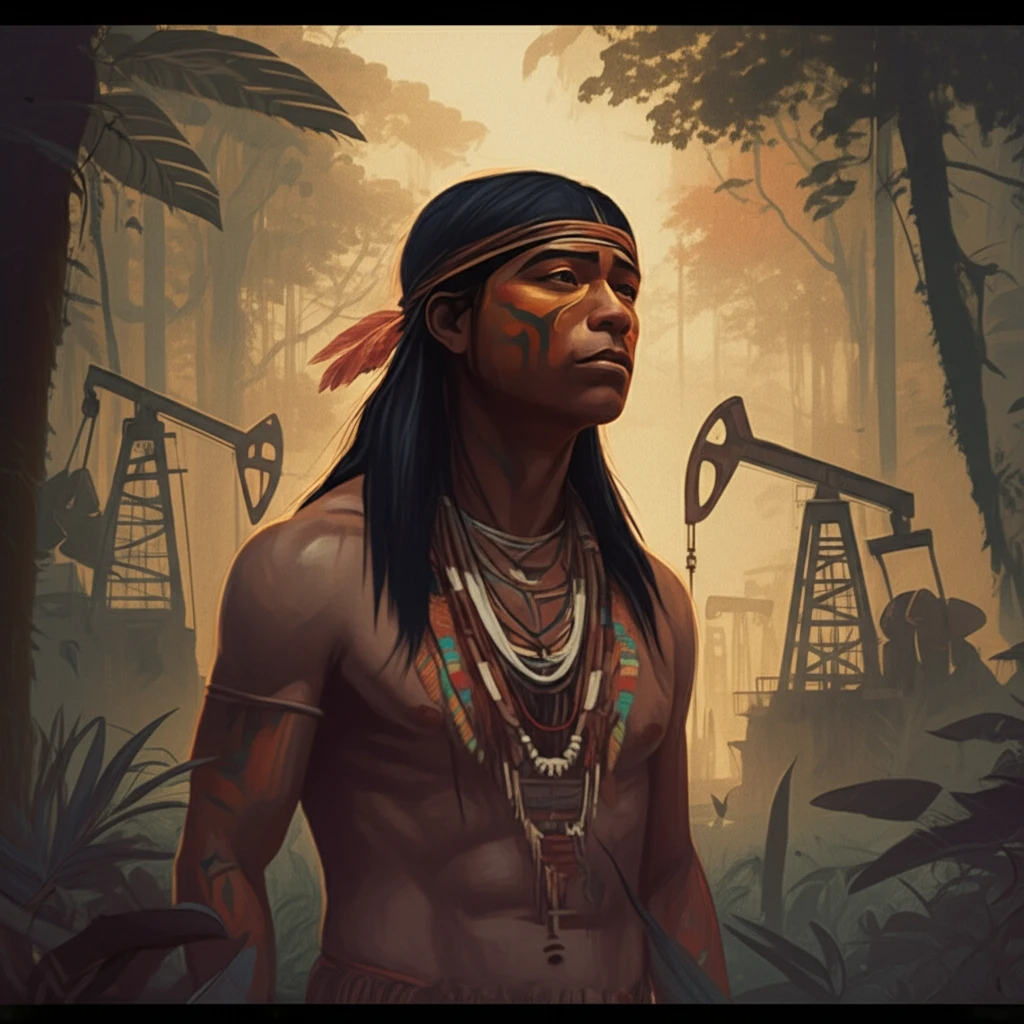 Cofán person in Amazon rainforest with oil derricks, symbolizing resilience.
