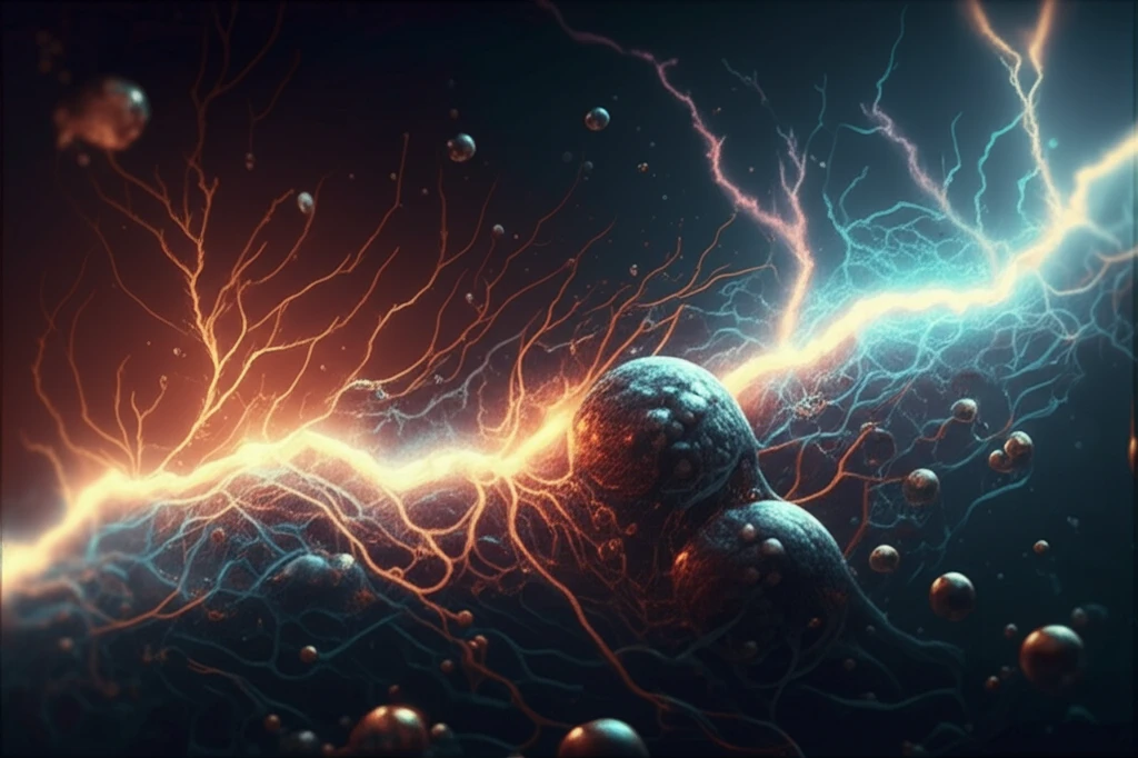 Surreal illustration of charged oil droplets in water under electric field influence.