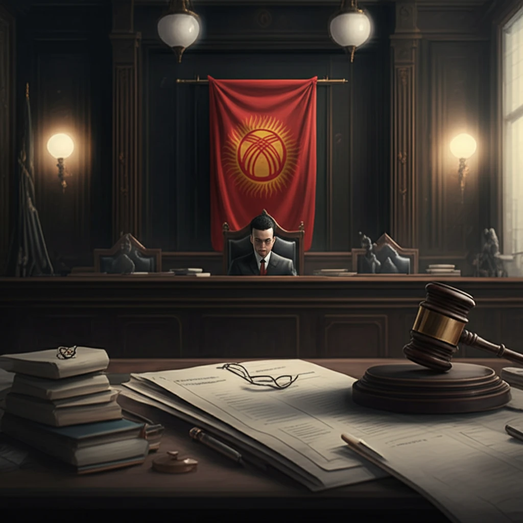 Surreal illustration of hope in a Kyrgyz courtroom, blending tradition and modernity.