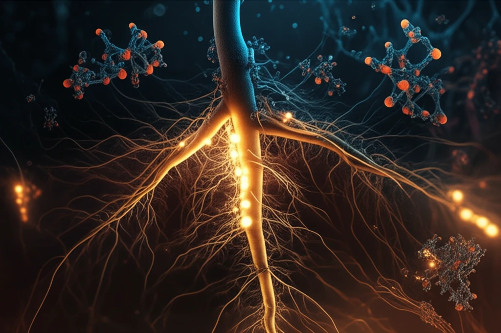 Glowing soybean root system with abstract molecular signals
