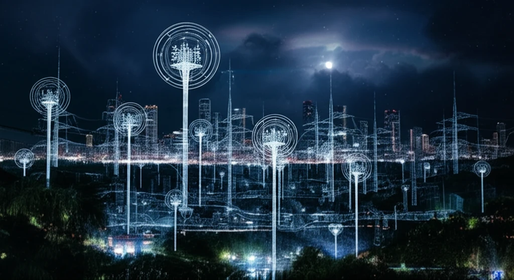 Futuristic smart grid with glowing power lines and sensor orbs.