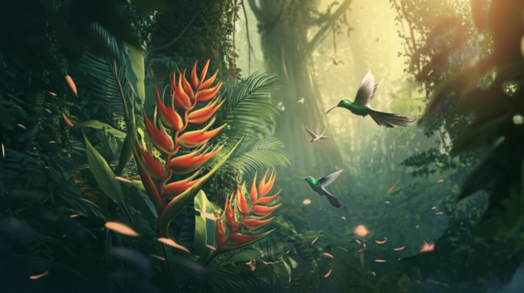 Vibrant Heliconia bihai flowers clustered together, attracting hummingbirds in a lush Atlantic Forest.
