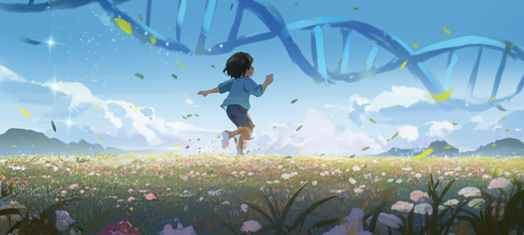 Child running freely through a meadow, symbolizing gene therapy success.