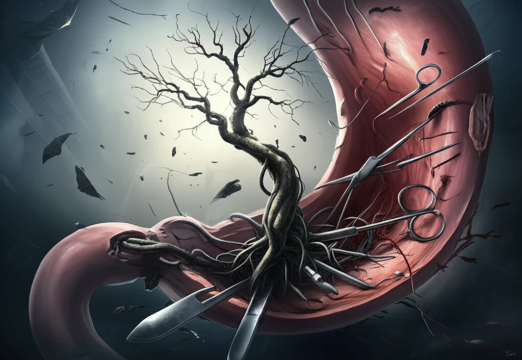 Surreal image depicting life after gastrectomy, symbolizing recovery and challenges.