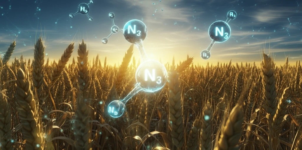 Wheat field at sunset with glowing nitrogen molecules, symbolizing optimized wheat production.