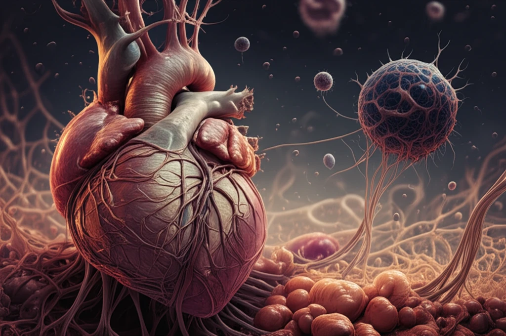Surreal illustration of a heart with cytoskeletal network representing cardiac fibrosis.