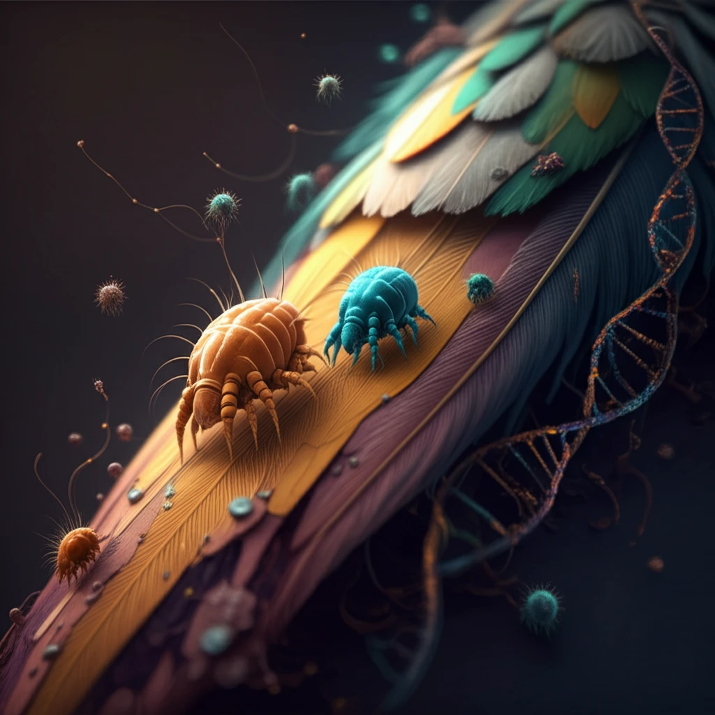 Microscopic feather mites clinging to vibrant bird feathers, showcasing intricate details.