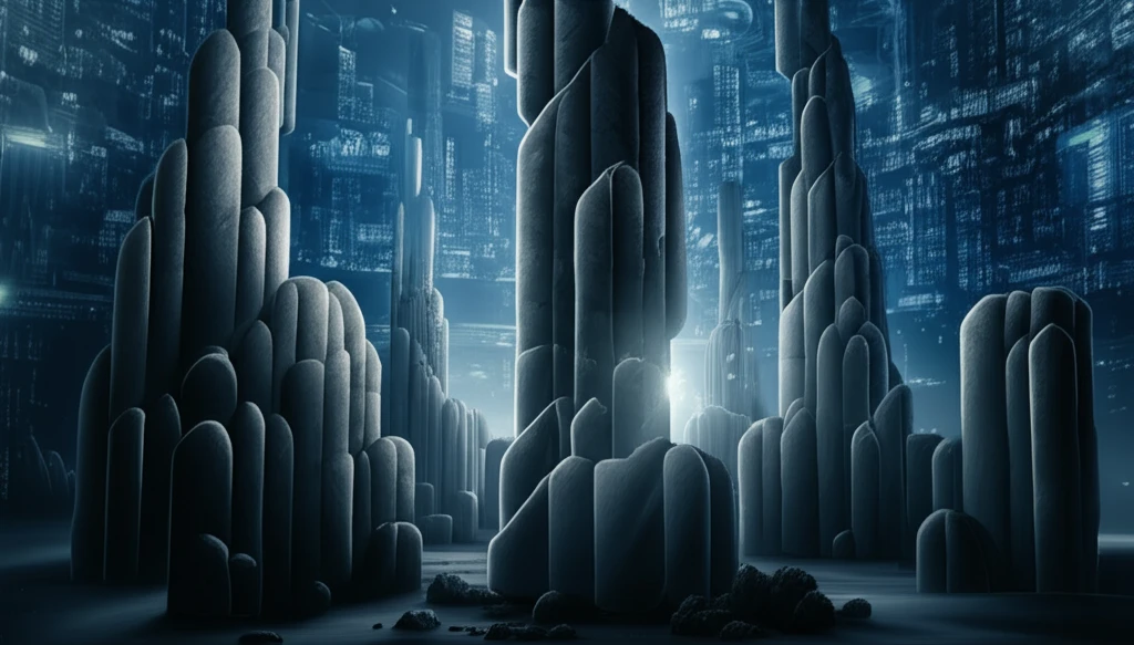 Futuristic cityscape resting on interconnected stone columns, enhanced by advanced neuro-fuzzy systems.