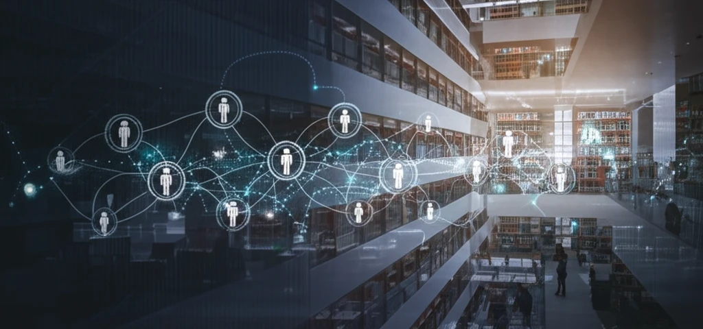 Interconnected network of people sharing knowledge in a university setting.