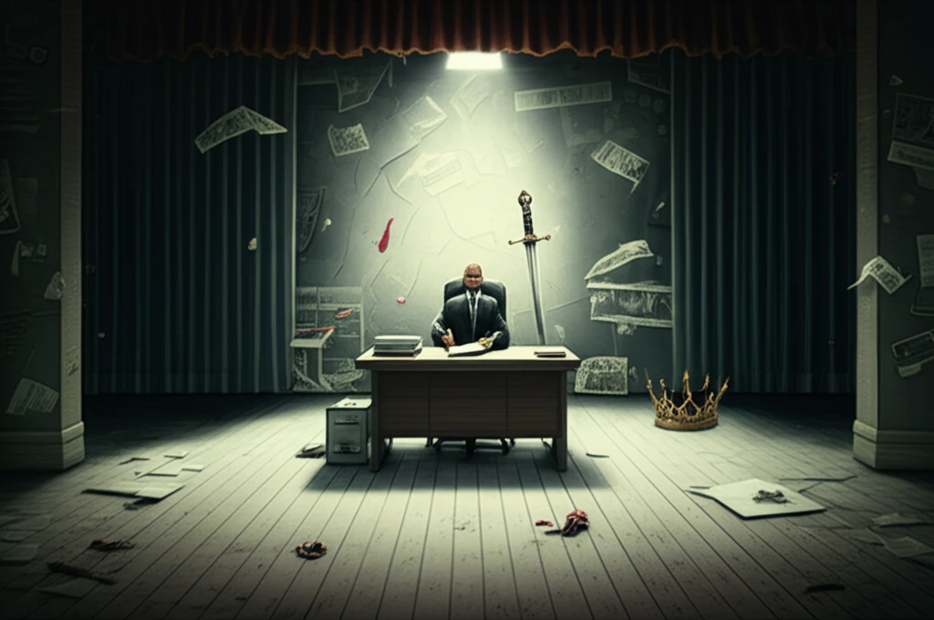 Surreal illustration of a stage merging with a social worker's office, symbolizing the connection between drama and empathy.